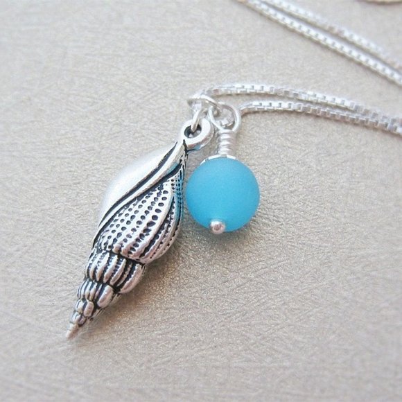 Seashell & Aqua Blue Beach Glass Pendant Necklace 925 Sterling Silver Chain